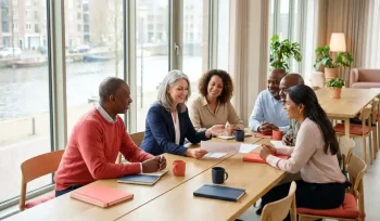 Diverse professionals over 50 collaborating in a bright Dutch office, reviewing documents together in warm natural daylight.