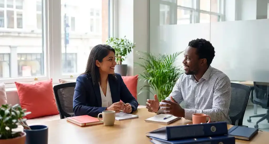 Twee professionals in gesprek aan een moderne vergadertafel in een lichte kantoorruimte met grote ramen en warme kleuraccenten.