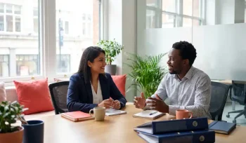 Twee professionals in gesprek aan een moderne vergadertafel in een lichte kantoorruimte met grote ramen en warme kleuraccenten.