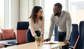 Manager en medewerker in gesprek aan modern kantaartafel, open lichaamstaal, plant en notitieboek op tafel, warm re-integratiegesprek.