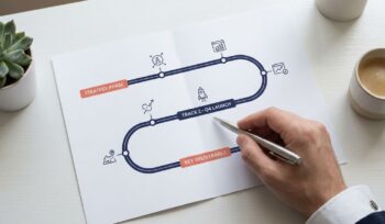 Modern roadmap document on white desk with hand pointing to Track 2 section using silver pen, coral and navy highlights visible