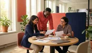 Drie diverse professionals overleggen samen aan een moderne werktafel in een licht Nederlands kantoor met koraalrode en donkerblauwe accenten.