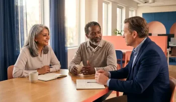 Drie diverse 55-plus professionals in gesprek rond een moderne werktafel met koffie en notitieboeken, in een lichte kantoorruimte.