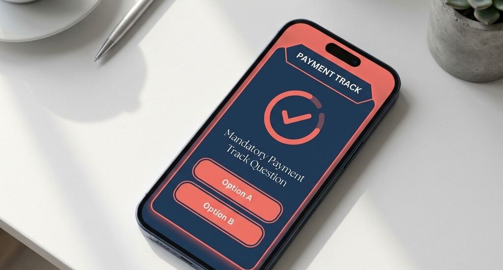 Modern smartphone on white desk displaying digital payment interface with coral and navy design elements