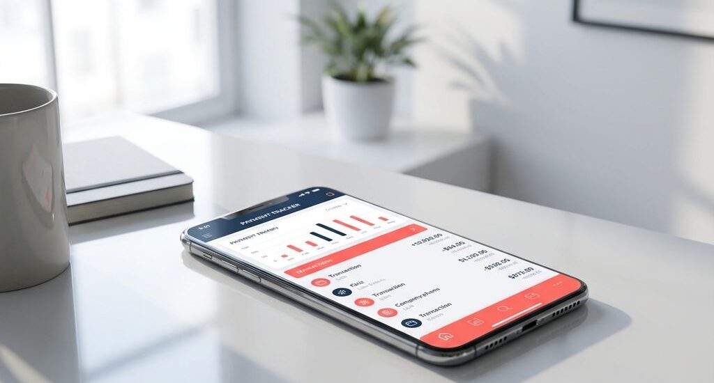 Modern smartphone displaying digital payment interface with coral and navy accents on white desk in bright office setting.