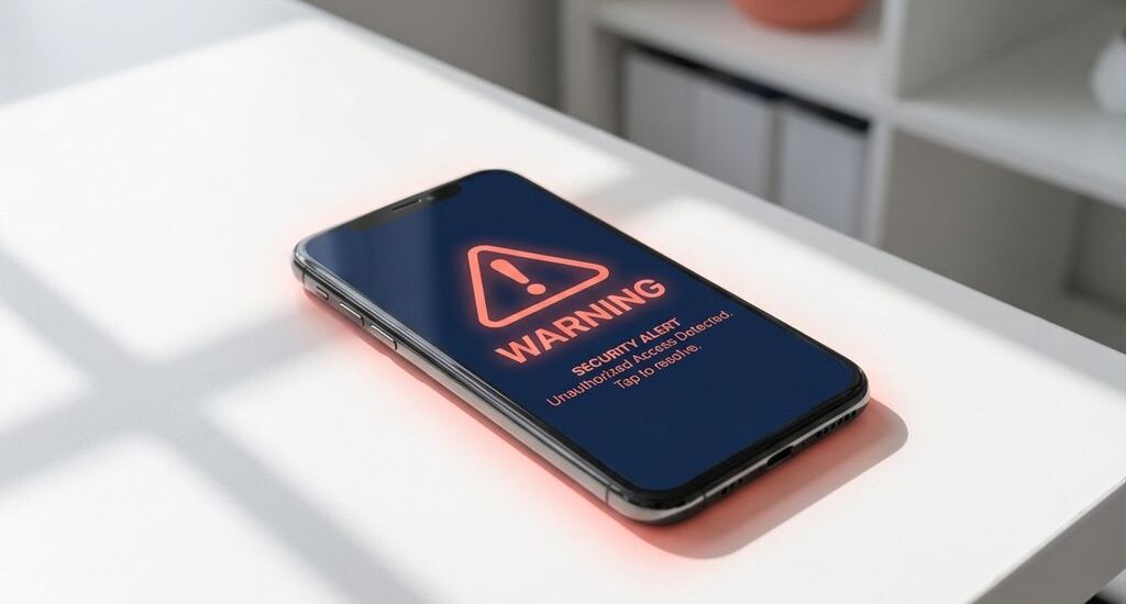 Modern smartphone displaying warning notification with coral accent on white desk in minimalist office setting
