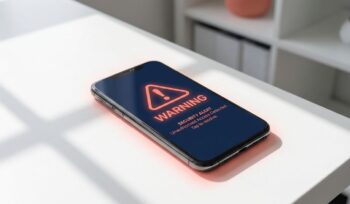 Modern smartphone displaying warning notification with coral accent on white desk in minimalist office setting