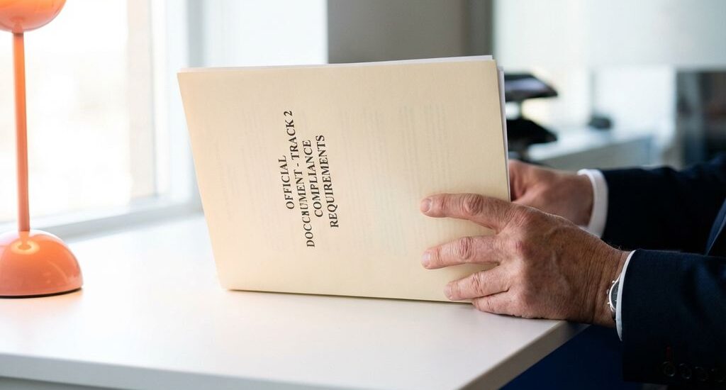 Professional hands holding Track 2 compliance government document on white desk with natural lighting