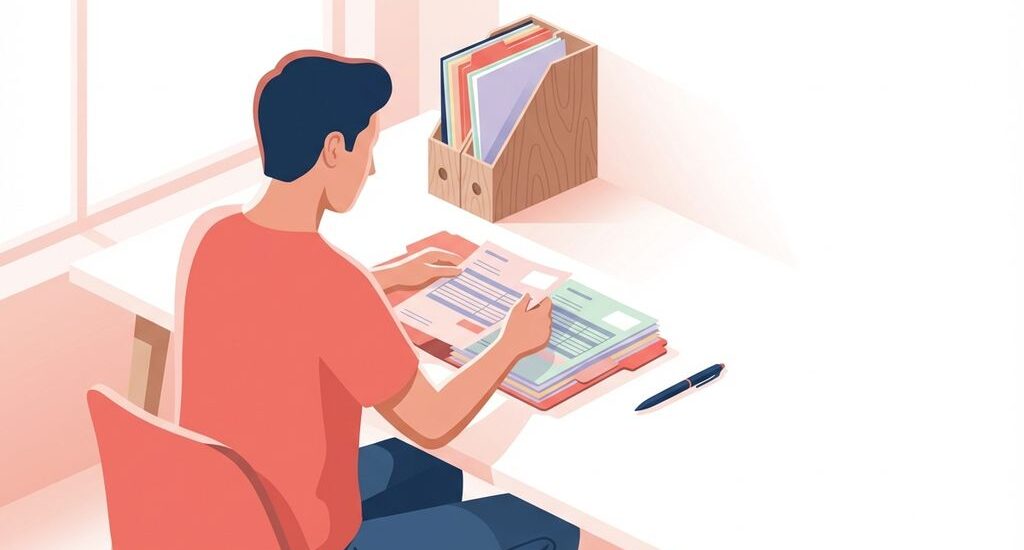 Person organizing colorful volunteer application forms on white desk with coral folders and navy pen in bright workspace