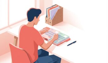 Person organizing colorful volunteer application forms on white desk with coral folders and navy pen in bright workspace