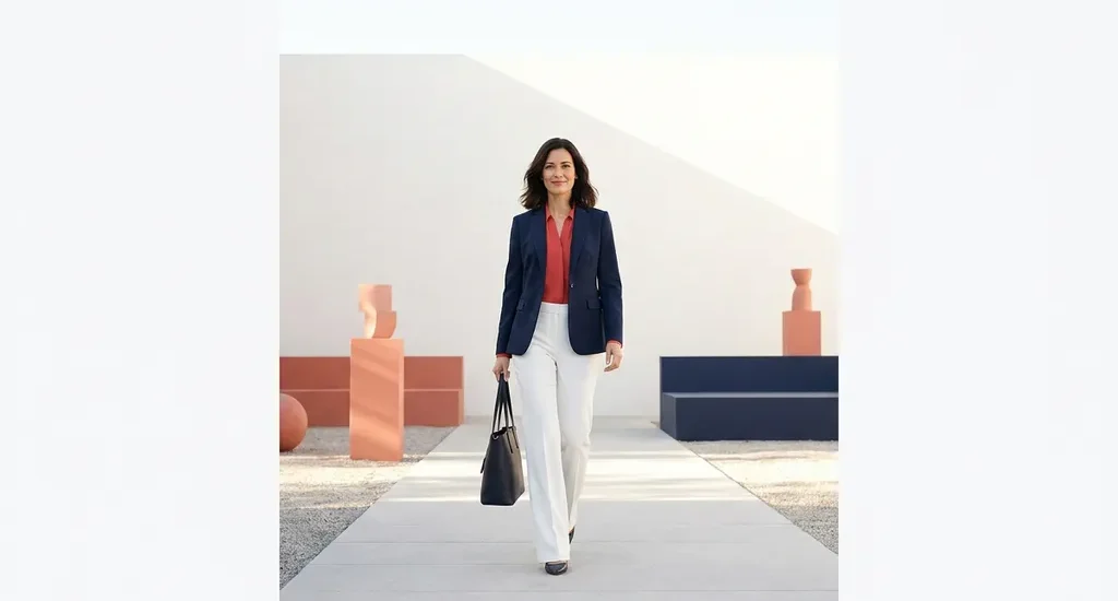 Zelfverzekerde vrouw van Midden-Oosterse afkomst loopt doelgericht vooruit op een minimalistisch pad, symboliseert carrièreovergang.
