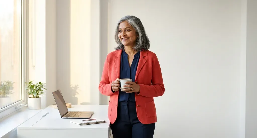 Zuid-Aziatische vrouw van boven de 50 met koffie bij een lichte minimalistische werkplek, uitstralend zelfvertrouwen en optimisme.