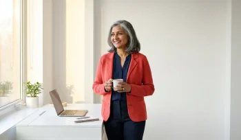 Zuid-Aziatische vrouw van boven de 50 met koffie bij een lichte minimalistische werkplek, uitstralend zelfvertrouwen en optimisme.