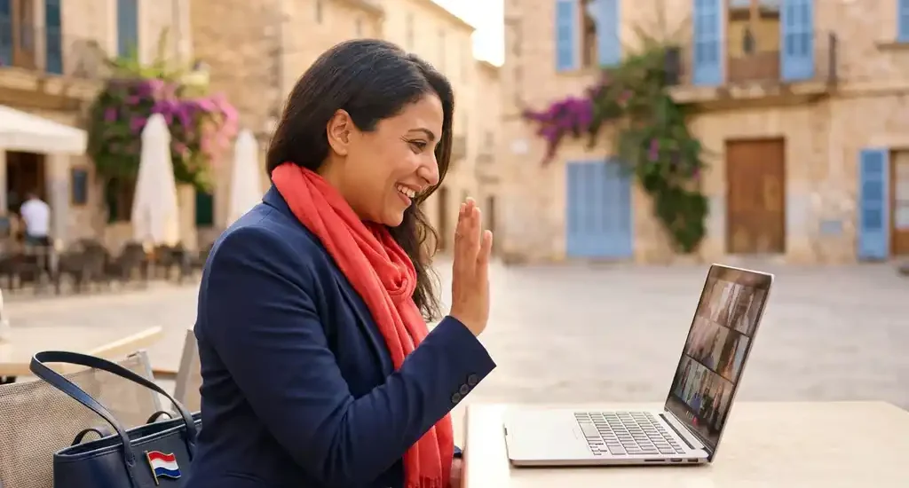 Professionele vrouw van Midden-Oosterse afkomst videobelt lachend op zonnig mediterraan terras met laptop en Nederlandse vlagpin op haar tas.