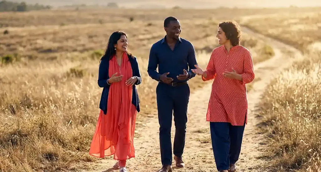 Drie mensen wandelen samen over een zonnig pad, glimlachend en elkaar aanmoedigend tijdens gouden-uur licht.