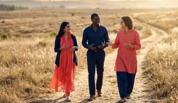 Drie mensen wandelen samen over een zonnig pad, glimlachend en elkaar aanmoedigend tijdens gouden-uur licht.