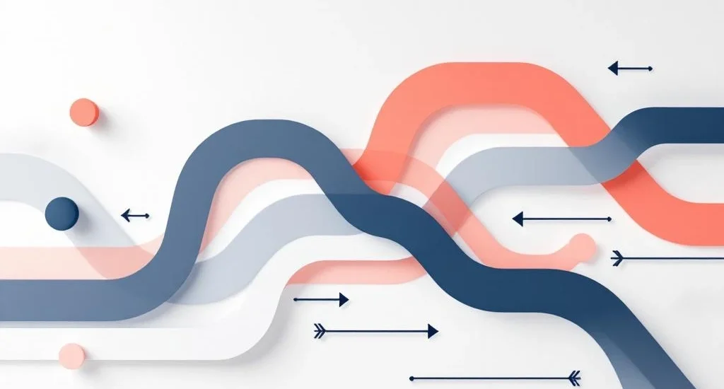 Minimalistische illustratie met koraalkleurige en donkerblauwe geometrische vormen die werkplekbegeleiding symboliseren