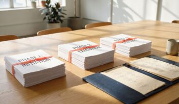 Three organized document stacks with coral ribbons on wooden conference table beside open navy portfolio in bright office