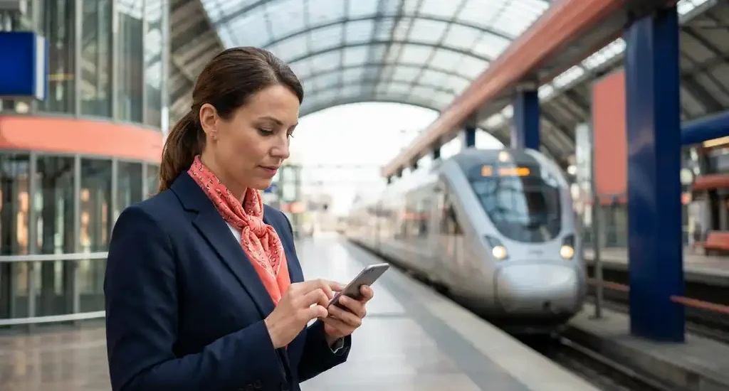 Zakenvrouw in marineblauw jasje controleert smartphone op modern treinperron terwijl zilveren trein nadert