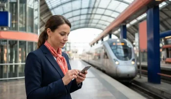 Zakenvrouw in marineblauw jasje controleert smartphone op modern treinperron terwijl zilveren trein nadert
